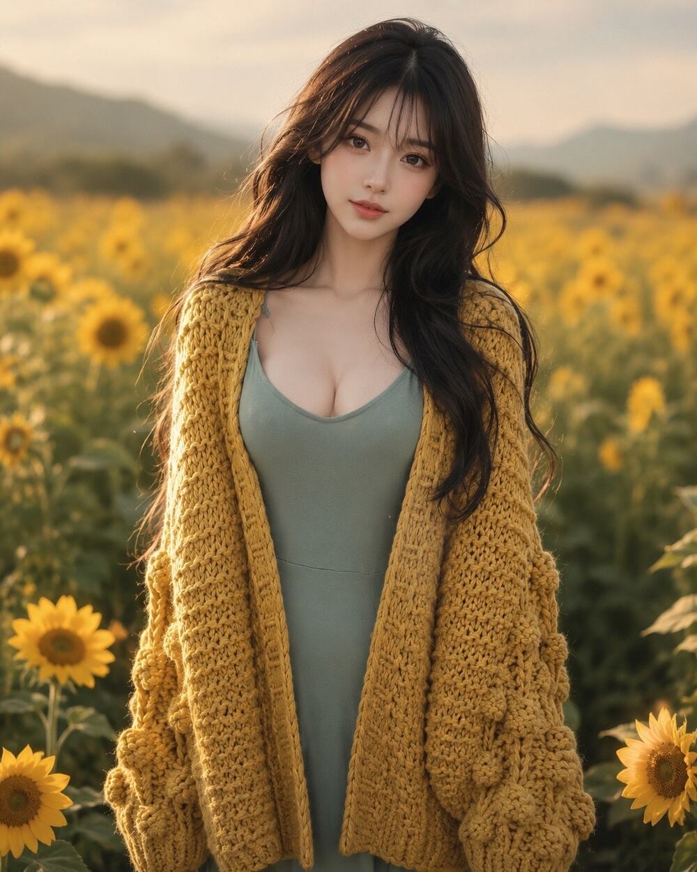 Golden Hour Glow slouchy billowy oversized honeycomb pom slv cardigan sweater